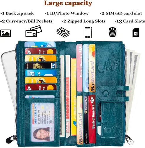 Miniatura 2 de Roulens Wallet for Women Large Capacity Genuine Leather Bifold RFID Blocking Card Holder Clutch Wallet with Zipper Pocket