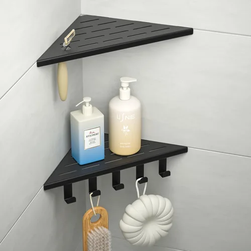 Estante esquinero de ducha de 10 pulgadas, estantes de acero inoxidable 304 para baño, estante de lechada con ganchos para pared de azulejos (negro