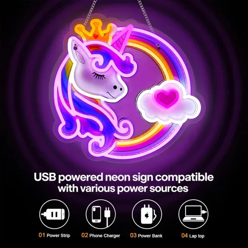 Miniatura 5 de Letrero de neón de unicornio para decoración de pared, 10 luces de neón de arco iris ajustables y regulables de colores para habitación de niñas
