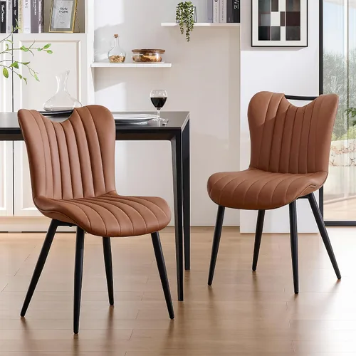 Miniatura 14 de Juego de 2 sillas de comedor tapizadas de cuero, modernas sillas de comedor de cocina de mediados de siglo con patas de metal negro, sillas
