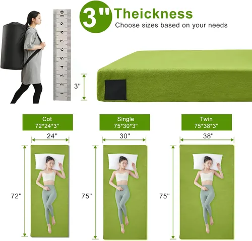Miniatura 3 de Colchoneta de espuma viscoelástica para camping, colchón de piso grueso y cómodo para adultos con fondo impermeable y antideslizante, colchón Verde