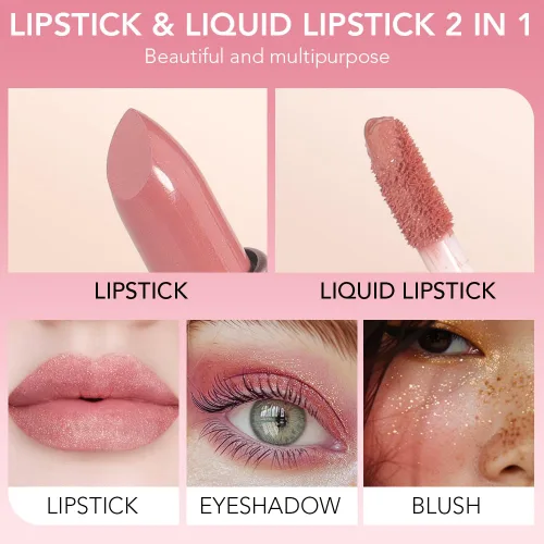 Miniatura 3 de evpct Juego de lápiz labial y brillo de labios 2 en 1 con purpurina color rosa nude metálico brillante para mujeres, de larga duración, impermeable