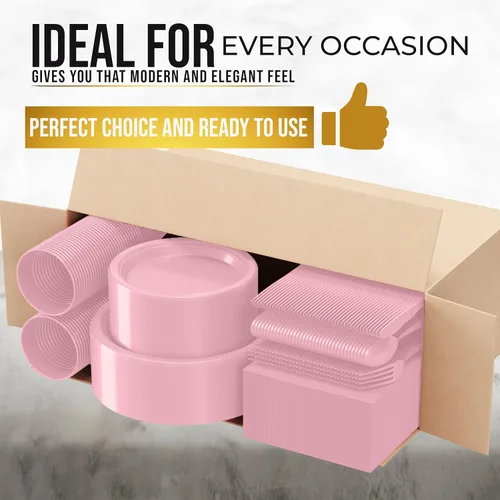 Miniatura 3 de 350 piezas de platos de plástico rosa para fiestas, juego de platos desechables rosados, 50 de cada plato de cena de 9 pulgadas, plato de postre