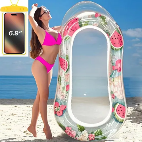 Tumbona inflable para piscina con malla, hamaca de natación para adultos, diseño transparente de sandía/fresas, reposacabezas integrado, relleno de