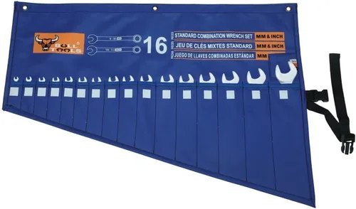 Miniatura 3 de Juego de llaves organizador de herramientas con 16 bolsillos para juego de herramientas, métricas y SAE, duradero, resistente, lona de algodón, Azul