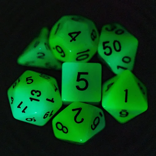 Miniatura 2 de Dados DND que brillan en la oscuridad, 7 piezas de troqueles poliédricos luminosos con bolsa de troquel de cuero, dados D&D brillantes