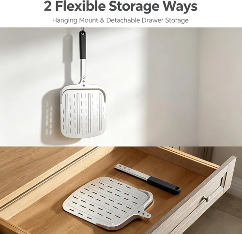 Miniatura 8 de Pala de pizza de 12 pulgadas, pala grande de aluminio para pizza con mango ergonómico largo y superficie antiadherente perforada, accesorios