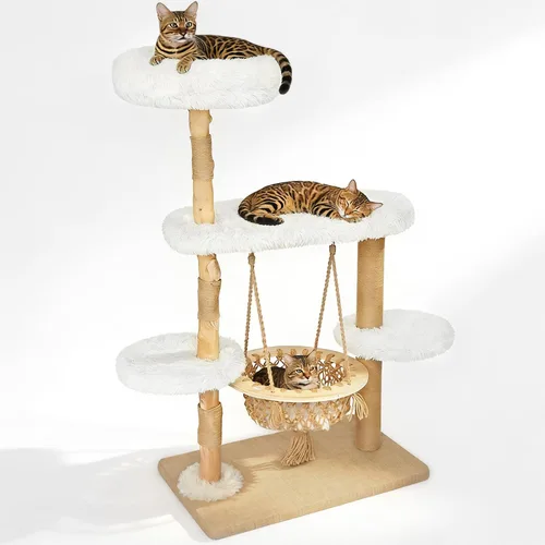Miniatura 8 de Árbol de madera maciza para gatos de interior, torre moderna de varios niveles para gatos de 54 pulgadas con cesta colgante, postes rascadores