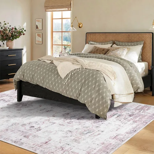Miniatura 5 de Syalife Alfombra lavable 5 x 7, ultra suave, antideslizante, de pelo bajo, resistente a las manchas, alfombra de área vintage para sala de estar