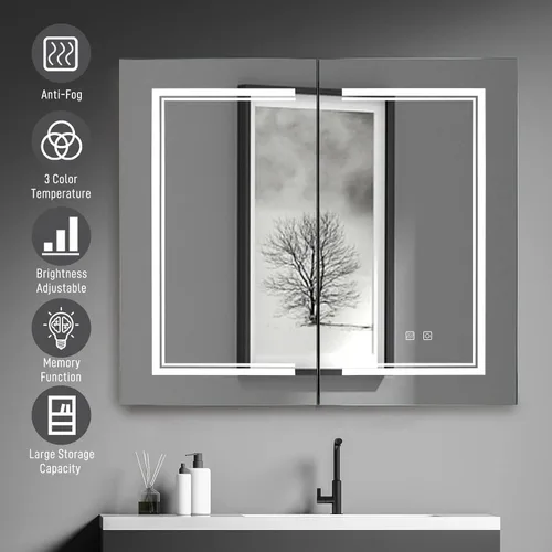 Miniatura 5 de Karl home Botiquín de baño de 32 x 28 pulgadas con 2 puertas con espejo LED, gabinete de baño regulable de 3 colores montado en la pared con Blanco