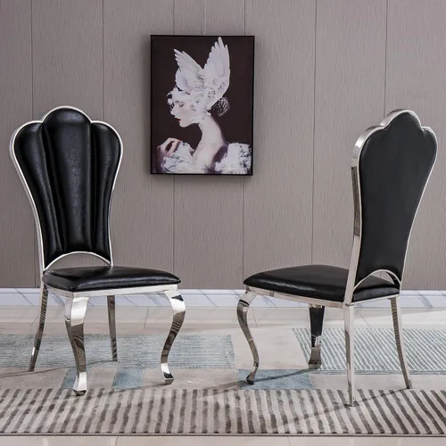 Miniatura 2 de Juego de 2 sillas de comedor de cuero, sillas de cocina tapizadas negras con respaldo alto con patas de acero inoxidable plateadas, modernas sillas