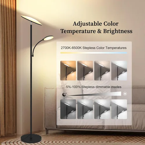 Miniatura 2 de Lámpara de pie, 42 W, 4500 lúmenes, lámpara de pie LED súper brillante con luz de lectura giratoria, control remoto táctil y función de memoria