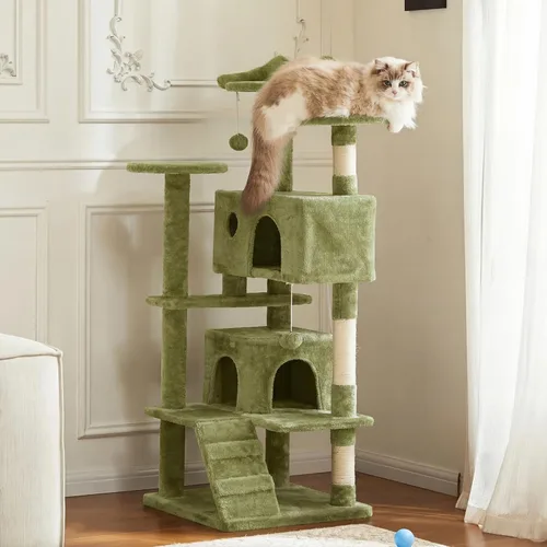 Miniatura 8 de DUMOS Torre grande de árbol para gatos de 66 pulgadas, torre alta de escalada para gatos de varios niveles con postes rascadores de sisal natural