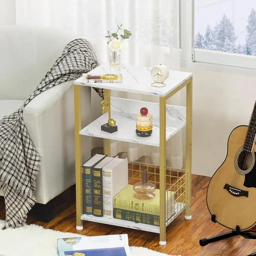 Miniatura 2 de LELELINKY Mesa auxiliar, mesita de noche de mármol blanco con marco de metal dorado, soporte de madera industrial de 3 niveles con estante