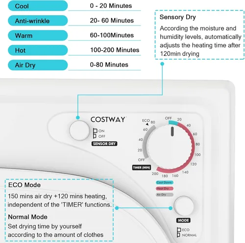 Miniatura 6 de Secadora portátil de acero inoxidable con panel táctil, 2 modos, 4 programas de secado y ventilación de escape ajustable, 13.2 libras, carga
