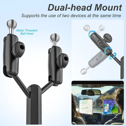 Miniatura 2 de Soporte para tableta de parabrisas de camión de doble cabezal, cabezal de bola de metal ajustable de rotación de 360°, funda de grosor de ajuste