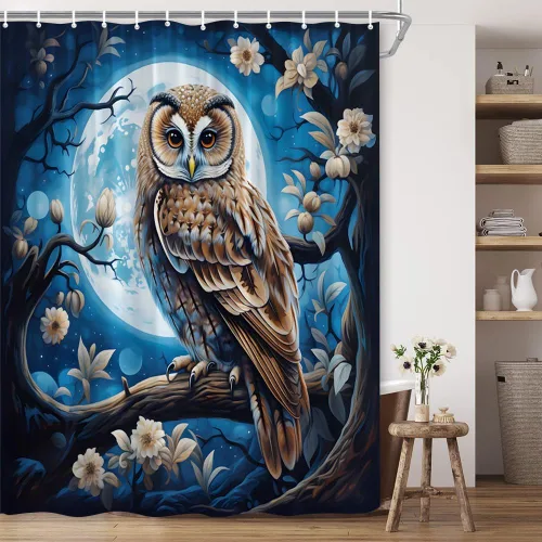 Miniatura 2 de Cortina de ducha con diseño de búho, luna llena, vida silvestre, azul marino, fantasía, flores estrelladas, bosque brumoso, escena de animales, tela