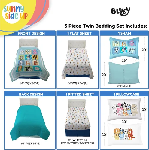Miniatura 3 de Sunny Side Up - Juego de colcha individual Bluey & Friends - 5 piezas de ropa de cama para niños incluye colcha, sábanas y funda de almohada - Juego