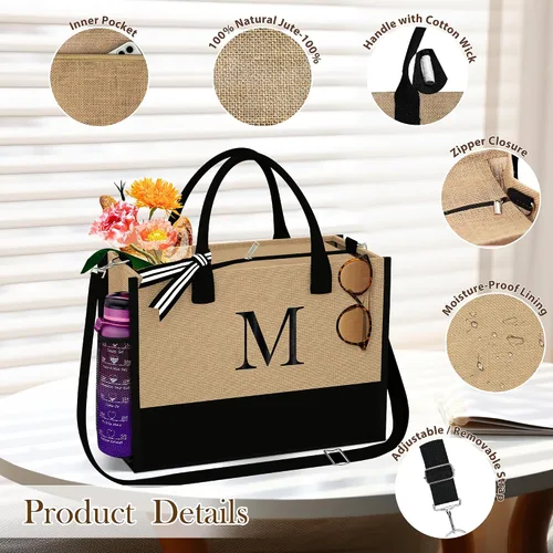 Miniatura 4 de TOPEAST Jute Initial Tote Bag Burlap Beach Bag Personalized Birthday Gifts for Women Teacher Mom Bridal Bridesmaid Gifts