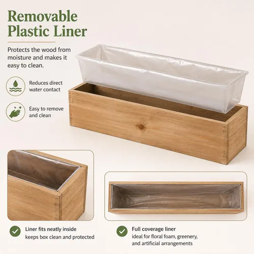 Miniatura 3 de Efavormart - Juego de macetas de madera rectangular natural de 24 x 6 pulgadas con forros de plástico extraíbles