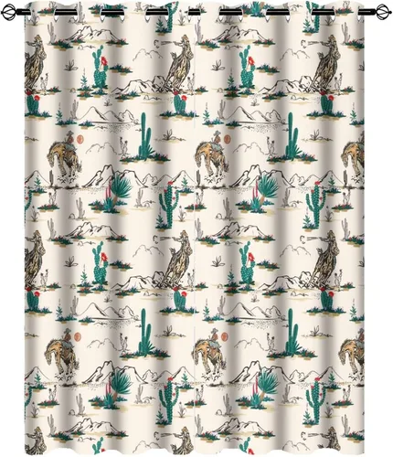 Miniatura 22 de Cortinas opacas retro de vaquero occidental para dormitorio, estilo rústico, cactus, salvaje oeste, vaquero, paseo, caballo, con ojales, aislamiento
