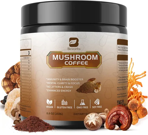 Miniatura 12 de B BEWORTHS Café en polvo de hongos con aceite MCT, 10 hongos melena de león, cola de pavo, reishi, cordyceps y chaga - Café instantáneo de hongos