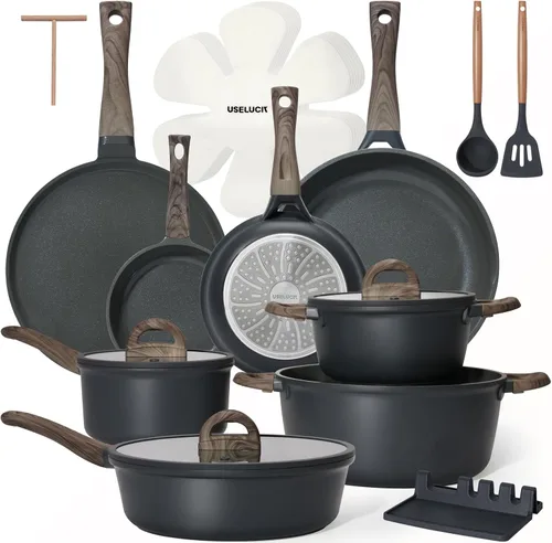 Miniatura 12 de Juego de ollas y sartenes antiadherentes, no tóxicos, 22 piezas de utensilios de cocina de cerámica, ollas y sartenes antiadherentes con tapa