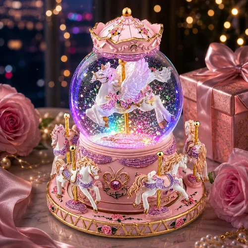 Miniatura 10 de Globo mágico de nieve de unicornio con música "Somewhere Over the Rainbow", caja de música de carrusel giratorio, luces LED y nieve con purpurina