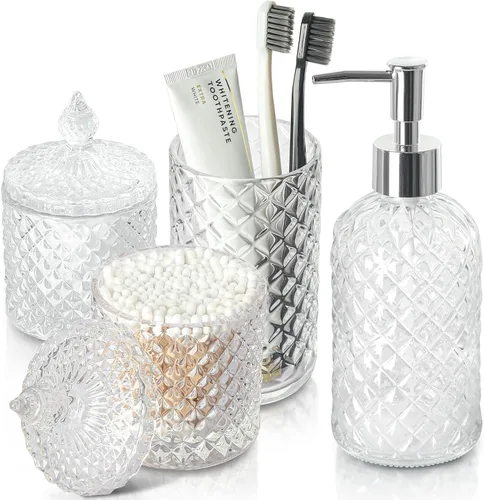 Miniatura 8 de RYTOXILO Juego de accesorios de baño negro mate, paquete de 4 juegos de accesorios de baño negros, dispensador de jabón de vidrio de diamante