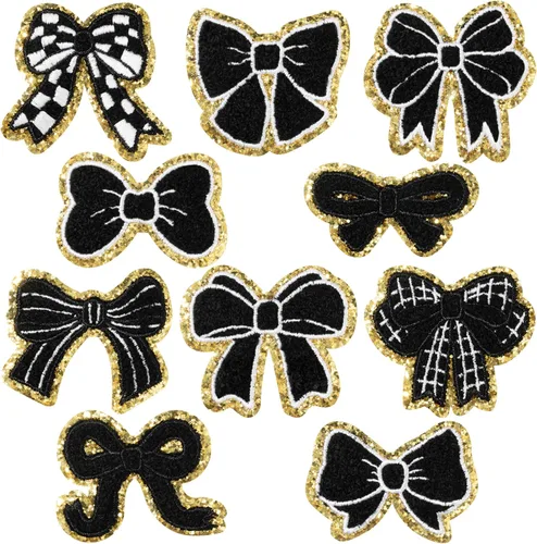 Parches de borla de chenilla para planchar - Kit de 10 piezas de parches de reparación de borla negra, parches bordados dorados brillantes para
