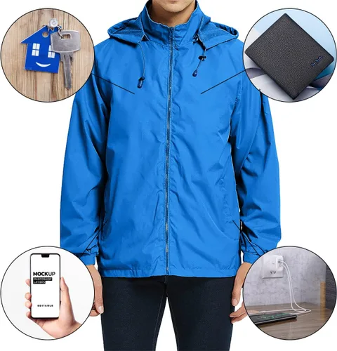 Miniatura 5 de MYJAJAYI Chaqueta cortavientos ligera para hombre, impermeable, con capucha, con cierre de cremallera