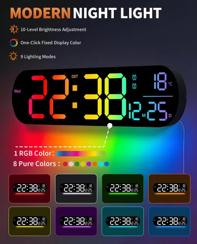 Miniatura 4 de Reloj de pared digital grande de 14", cuenta regresiva, alarma, LED grande, 11 colores RGB, temperatura para sala de estar, aula, escritorio, regalo