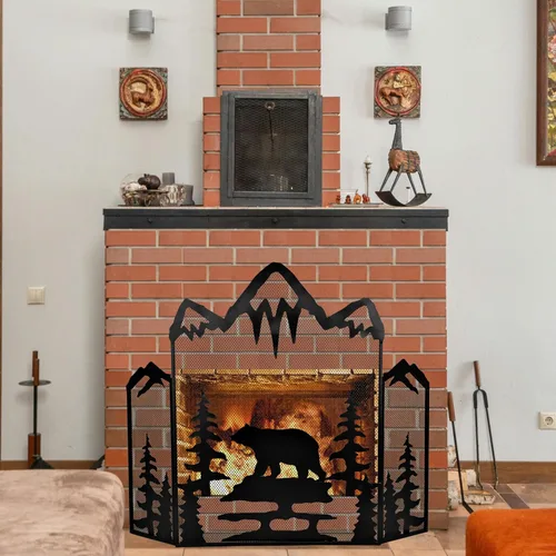 Miniatura 6 de BestGiftEver Pantalla decorativa para chimenea de 3 paneles con un majestuoso oso de montaña, cubierta de chimenea independiente de malla metálica