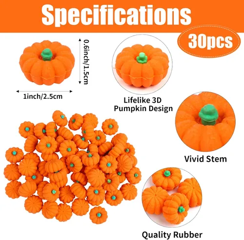 Miniatura 2 de FOIMAS 30 borradores de calabaza 3D, mini borrador de goma de calabaza para niños, estudiantes, Halloween, otoño, Acción de Gracias, fiesta, 33