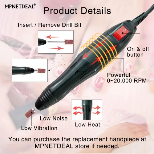 Miniatura 4 de Mpnetdeal - Taladro de uñas eléctrico, juego de máquina de taladro y lima para uñas acrílicas