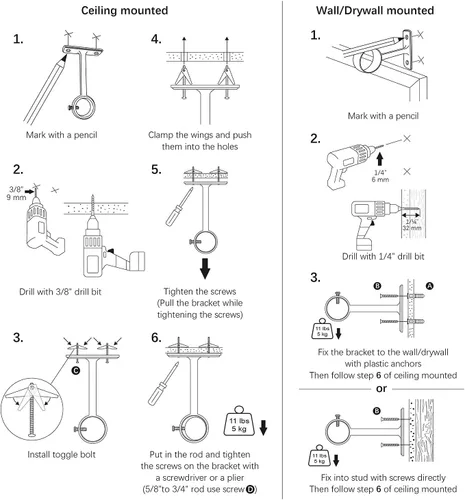 Miniatura 6 de KXLife Soporte de barra de cortina para montaje en techo, soporte resistente para montaje en techo o pared (juego de 2, níquel)
