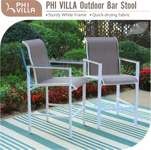 Miniatura 3 de PHI VILLA Juego de 2 sillas de bar para patio, taburete de bar con altura de mostrador con tela de textileno de secado rápido, reposabrazos y Blanco