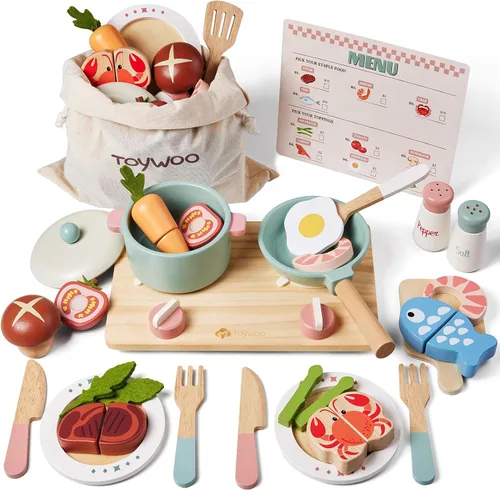 Accesorios de cocina de juguete de madera, juegos de ollas y sartenes de simulación para juego de cocina de niños con estufa de juguete, juegos de