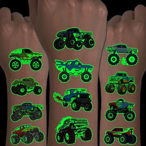 CHARLENT Tatuajes temporales luminosos de camión monstruo para niños, 12 hojas que brillan en la oscuridad, tatuajes de camión monstruo para niños,