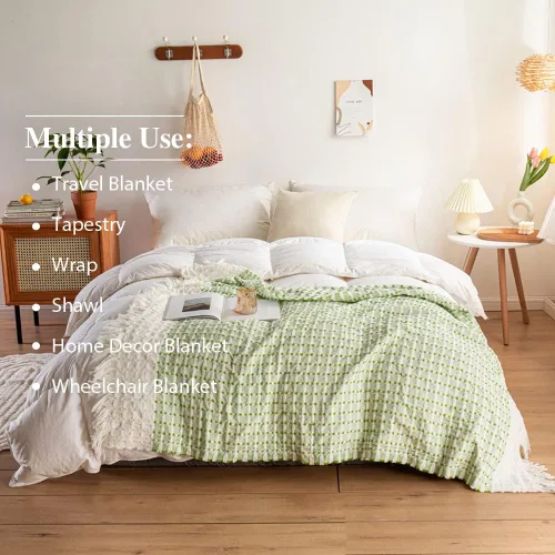 Miniatura 6 de Simple&Opulence Manta de 100 % algodón para cama, sofá, tejido jacquard de hilo teñido con borlas, suave, ligera, acogedora, transpirable, Verde