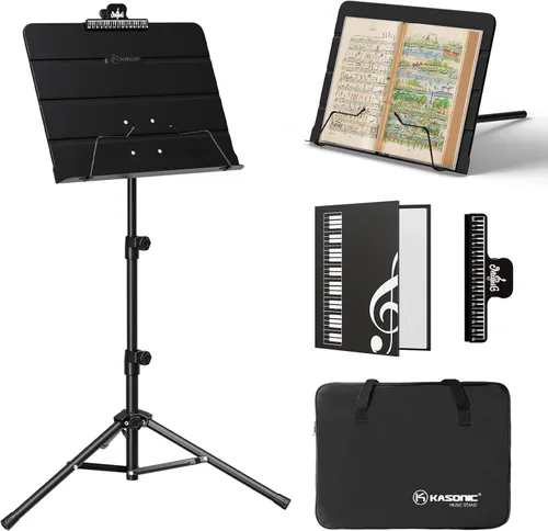 Kasonic 2 en 1 de doble uso, plegable para partituras y soporte para libros de escritorio con bolsa de transporte portátil. Carpeta de música y Negro