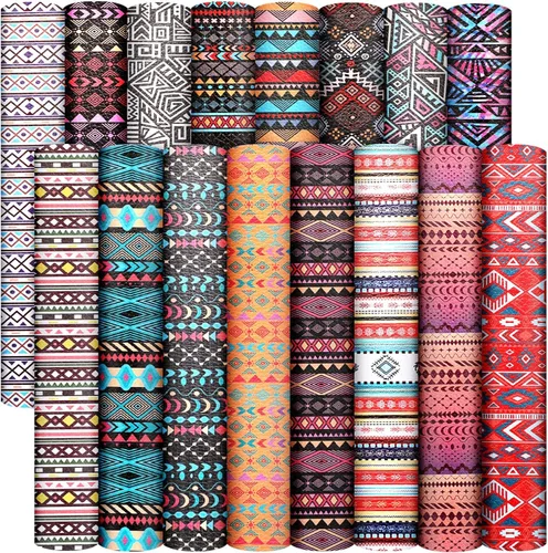 Weewooday 16 hojas de piel sintética a cuadros a rayas, estilo bohemio, vintage, estilo bohemio, hojas de tela de cuero, geometría sintética para