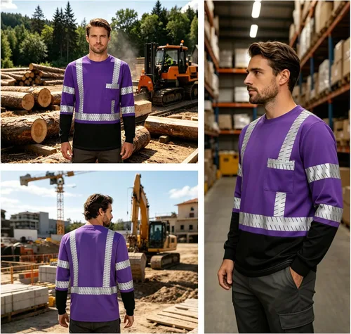 Miniatura 6 de Camisas de seguridad Hi Vis con tiras reflectantes, camisas de construcción de fondo negro para hombres y mujeres Púrpura-1