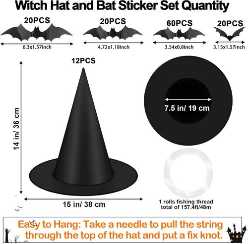 Miniatura 2 de Famoby 12 sombreros de bruja negros de Halloween con cable de nailon de 157 pies y 120 calcomanías de murciélago para interiores y exteriores