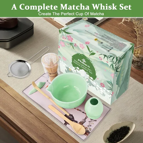 Miniatura 2 de PHILORN Juego de batidores de matcha, 9 piezas de cerámica macha, juego de batidor y cuenco con boquilla, batidores, soporte, cuchara de bambú, Cian