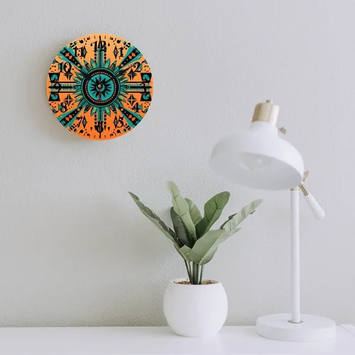 Miniatura 6 de Reloj de madera con motivo de arte tribal naranja brillante, turquesa, azul y azul, patrón tribal del suroeste, cuarzo decorativo de madera, sin