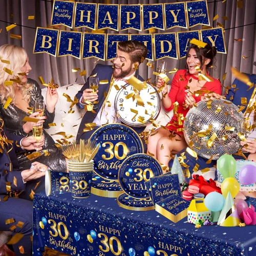 Miniatura 3 de Decoración de 30 cumpleaños para hombres - Juego de 142 piezas de vajilla de cumpleaños azul marino y dorado (sirve para 20) Incluye pancarta feliz
