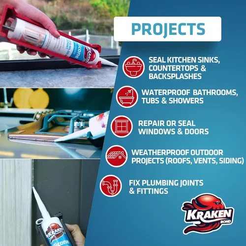 Miniatura 4 de Kraken Bond Sellador de silicona gris resistente al agua Cartucho de 100 a 10 onzas líquidas – RTV silicona calafateo para cocina y baño, todo