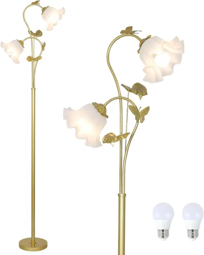 Miniatura 12 de HMVPL Lámpara de pie blanca con flores, lámpara alta floral con 2 bombillas LED de 5W, interruptor de pie, lámpara de pie moderna de esquina