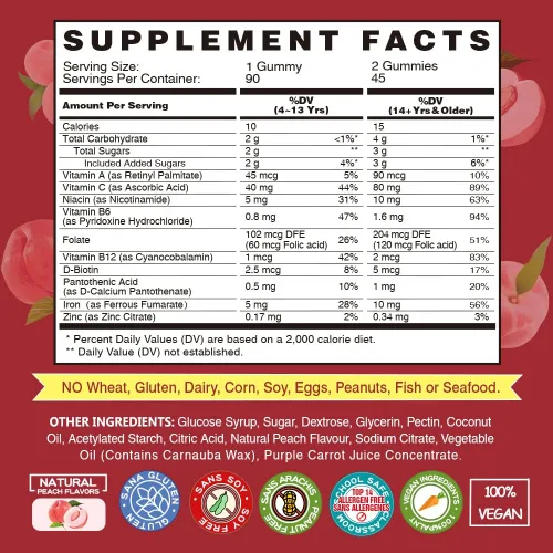 Miniatura 2 de Suplemento de gomitas de hierro vegano - con vitamina C, A, complejo B, folato, zinc para adultos y niños - Apoyo para la salud de la sangre